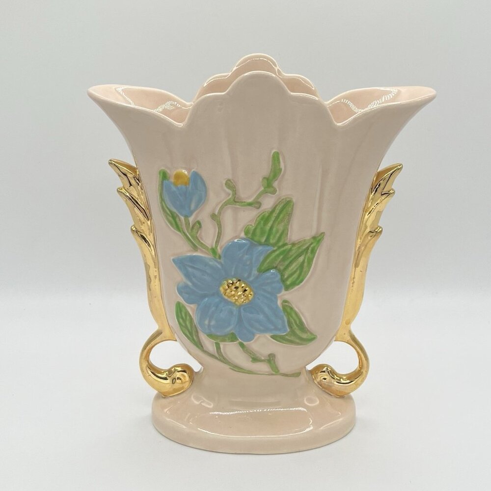 Vintage Hull Pottery Vase USA Art Baby Pink Gold Handles Blue Floral Mid Century